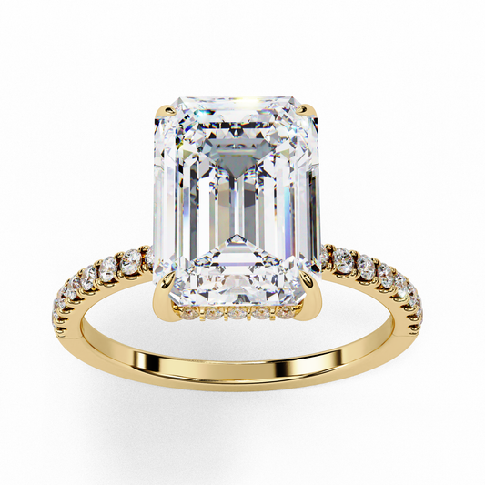 Emerald Cut Moissanite Solitaire Engagement Ring with Pavé Band in White/Yellow/Rose Gold – Finora Jewelry Design
