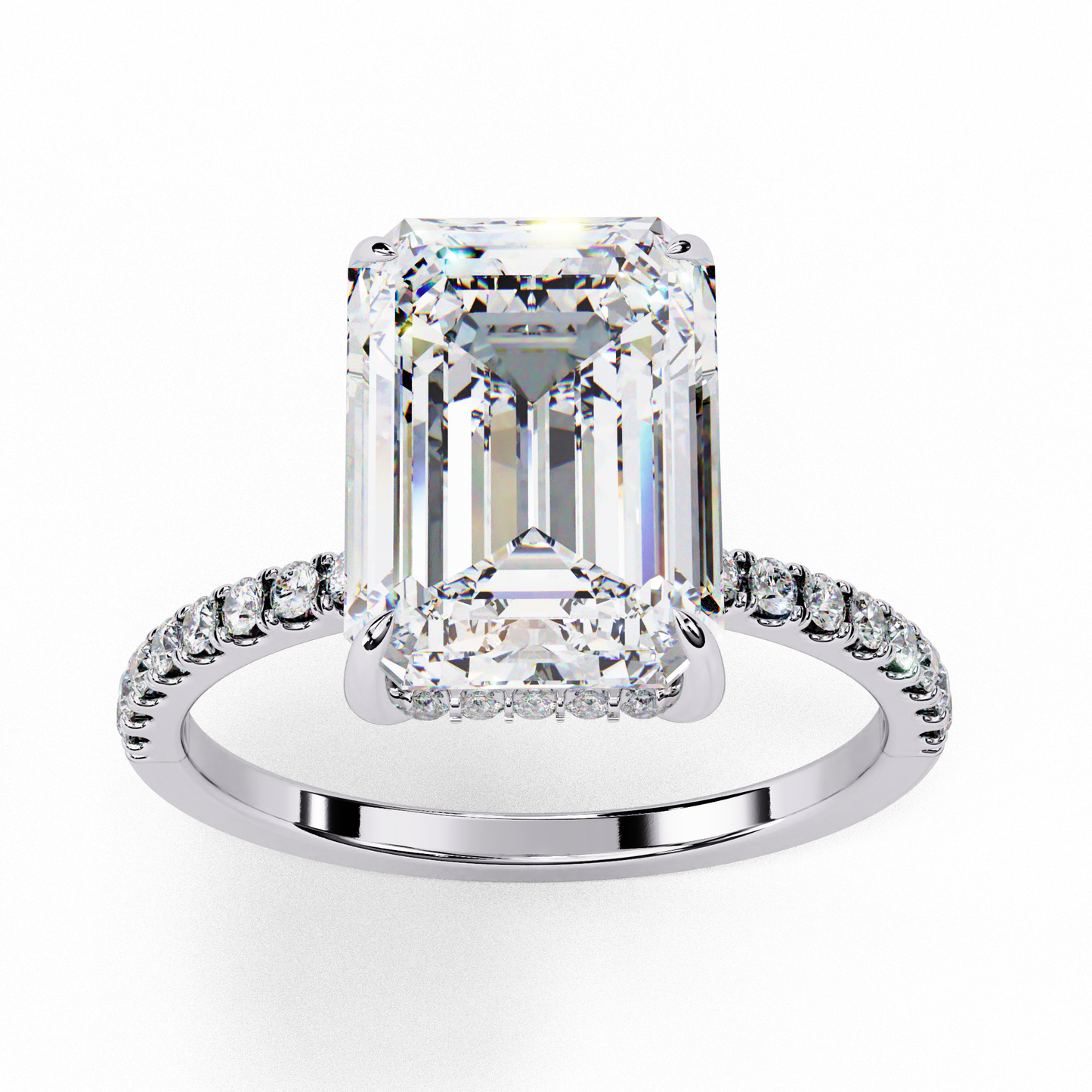 emerald cut moissanite solitaire engagement ring with pavé band in white/yellow/rose gold – finora jewelry design