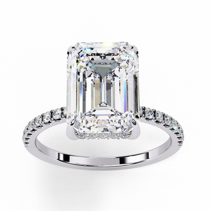 Emerald Cut Moissanite Solitaire Engagement Ring with Pavé Band in White/Yellow/Rose Gold – Finora Jewelry Design