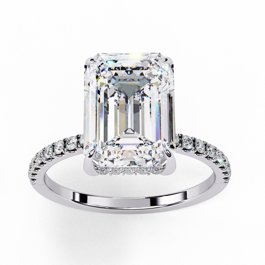 Emerald Cut Moissanite Solitaire Engagement Ring with Pavé Band in White/Yellow/Rose Gold – Finora Jewelry Design
