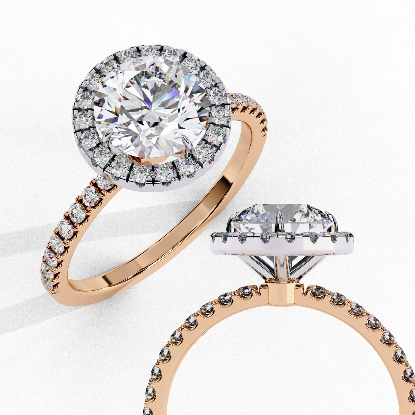 round cut moissanite ring – double halo with pavé band – 925 silver / 10k, 14k rose, yellow, white gold / platinum | finora jewelry