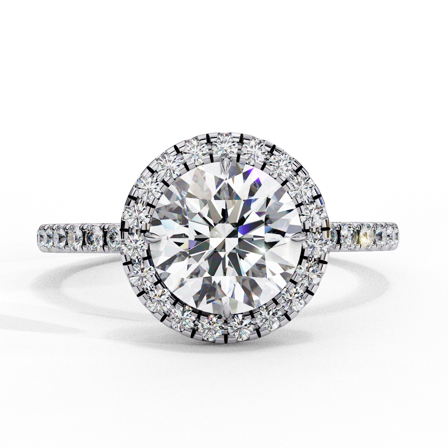 round cut moissanite ring – double halo with pavé band – 925 silver / 10k, 14k rose, yellow, white gold / platinum | finora jewelry