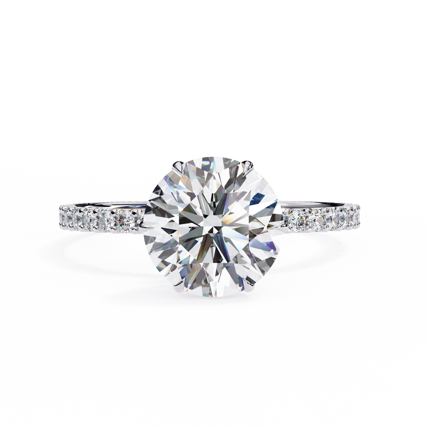 round brilliant moissanite engagement ring with pavé diamond band – classic four-prong solitaire in white, yellow, or rose gold | finora jewelry