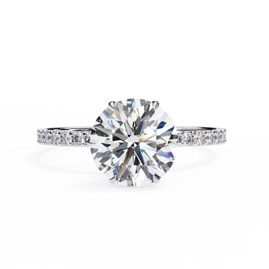 Round Brilliant Moissanite Engagement Ring with Pavé Diamond Band – Classic Four-Prong Solitaire in White, Yellow, or Rose Gold | Finora Jewelry