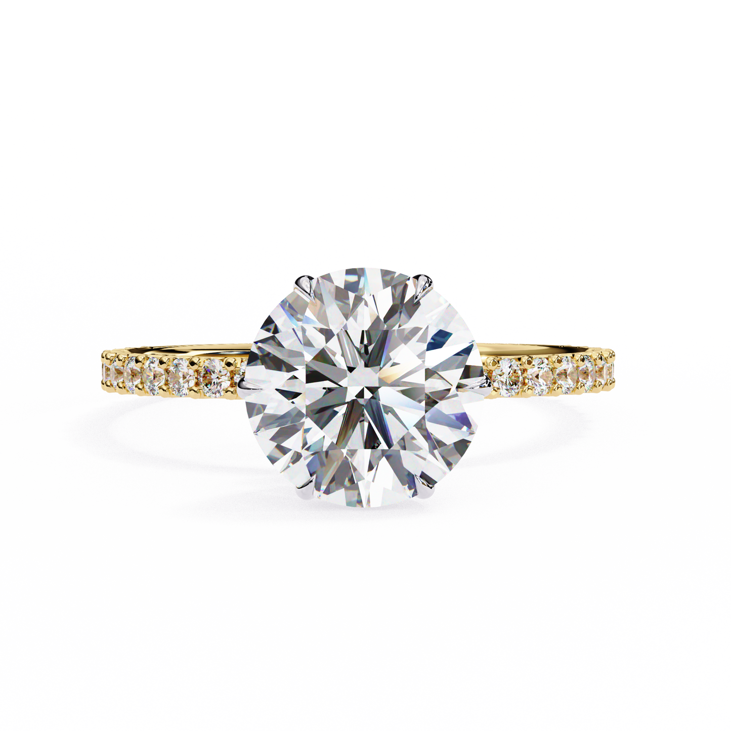 round brilliant moissanite engagement ring with pavé diamond band – classic four-prong solitaire in white, yellow, or rose gold | finora jewelry