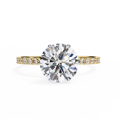 Round Brilliant Moissanite Engagement Ring with Pavé Diamond Band – Classic Four-Prong Solitaire in White, Yellow, or Rose Gold | Finora Jewelry