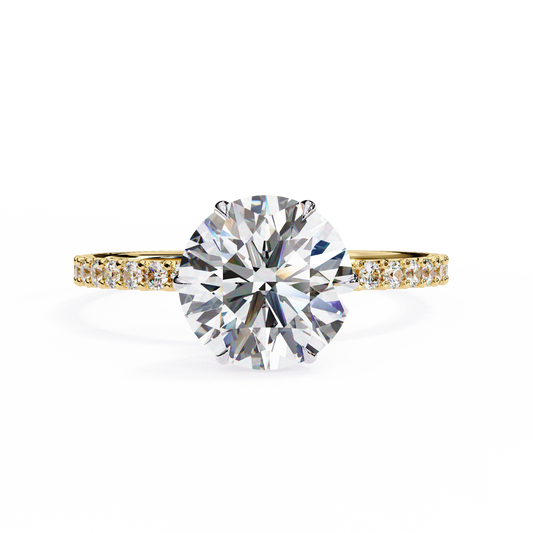 Round Brilliant Moissanite Engagement Ring with Pavé Diamond Band – Classic Four-Prong Solitaire in White, Yellow, or Rose Gold | Finora Jewelry
