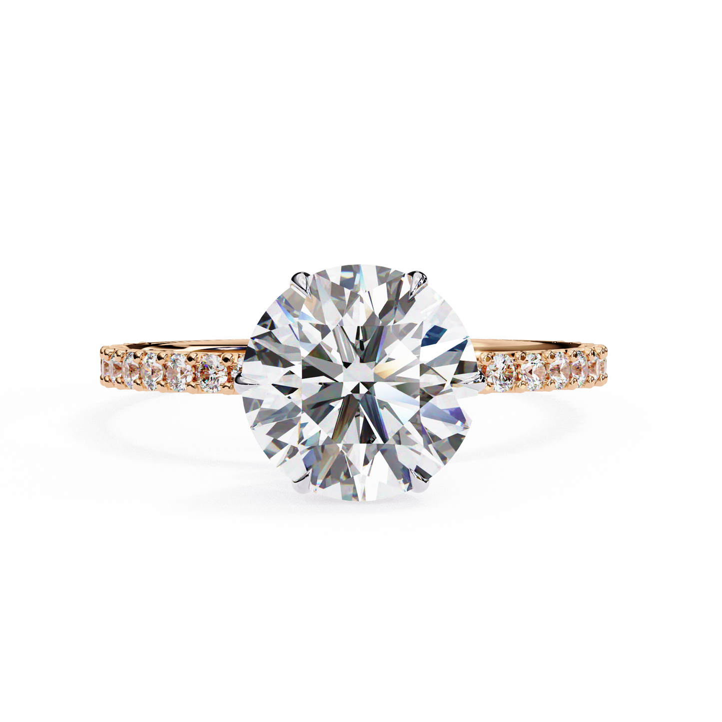 round brilliant moissanite engagement ring with pavé diamond band – classic four-prong solitaire in white, yellow, or rose gold | finora jewelry