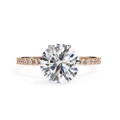 Round Brilliant Moissanite Engagement Ring with Pavé Diamond Band – Classic Four-Prong Solitaire in White, Yellow, or Rose Gold | Finora Jewelry
