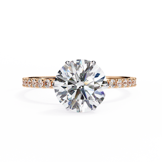 Round Brilliant Moissanite Engagement Ring with Pavé Diamond Band – Classic Four-Prong Solitaire in White, Yellow, or Rose Gold | Finora Jewelry