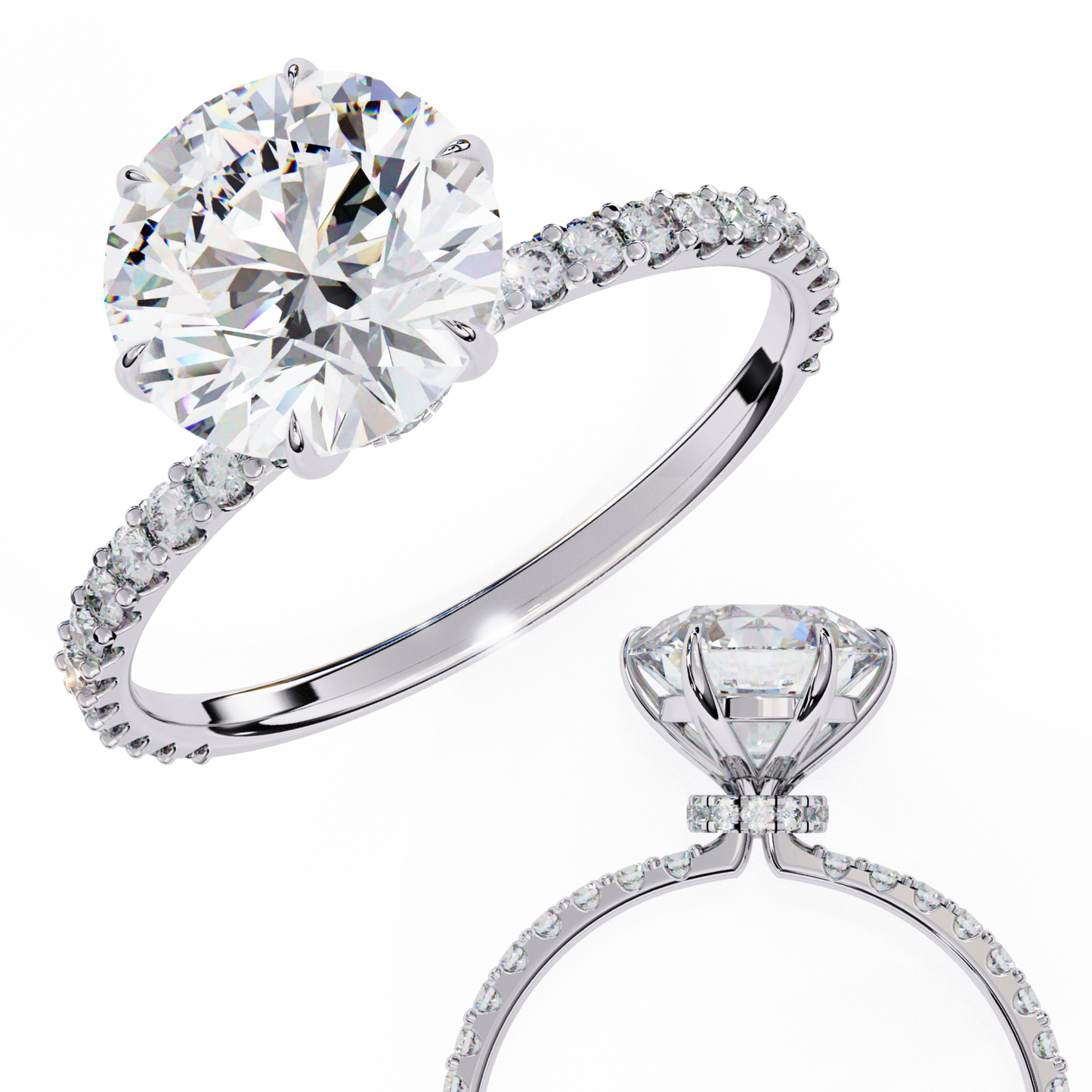 round brilliant moissanite engagement ring with pavé diamond band – classic four-prong solitaire in white, yellow, or rose gold | finora jewelry