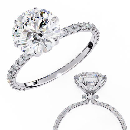 Round Brilliant Moissanite Engagement Ring with Pavé Diamond Band – Classic Four-Prong Solitaire in White, Yellow, or Rose Gold | Finora Jewelry