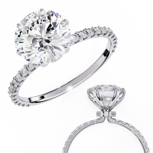 Round Brilliant Moissanite Engagement Ring with Pavé Diamond Band – Classic Four-Prong Solitaire in White, Yellow, or Rose Gold | Finora Jewelry