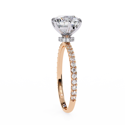 Round Brilliant Moissanite Engagement Ring with Pavé Diamond Band – Classic Four-Prong Solitaire in White, Yellow, or Rose Gold | Finora Jewelry