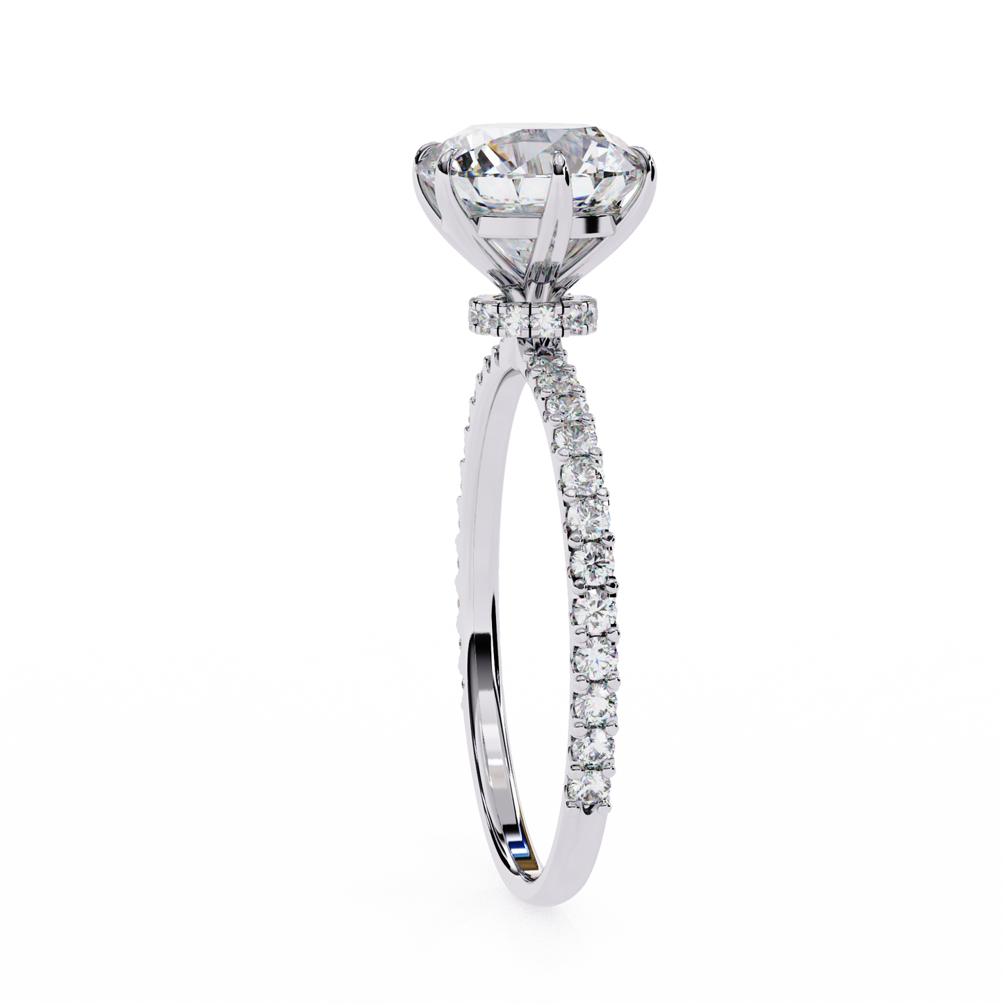 round brilliant moissanite engagement ring with pavé diamond band – classic four-prong solitaire in white, yellow, or rose gold | finora jewelry