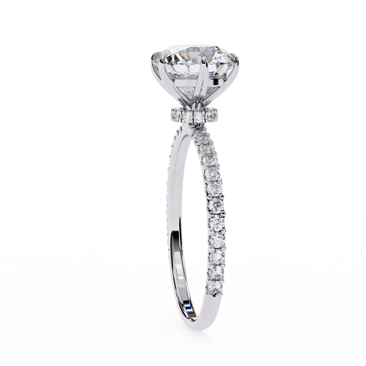 Round Brilliant Moissanite Engagement Ring with Pavé Diamond Band – Classic Four-Prong Solitaire in White, Yellow, or Rose Gold | Finora Jewelry