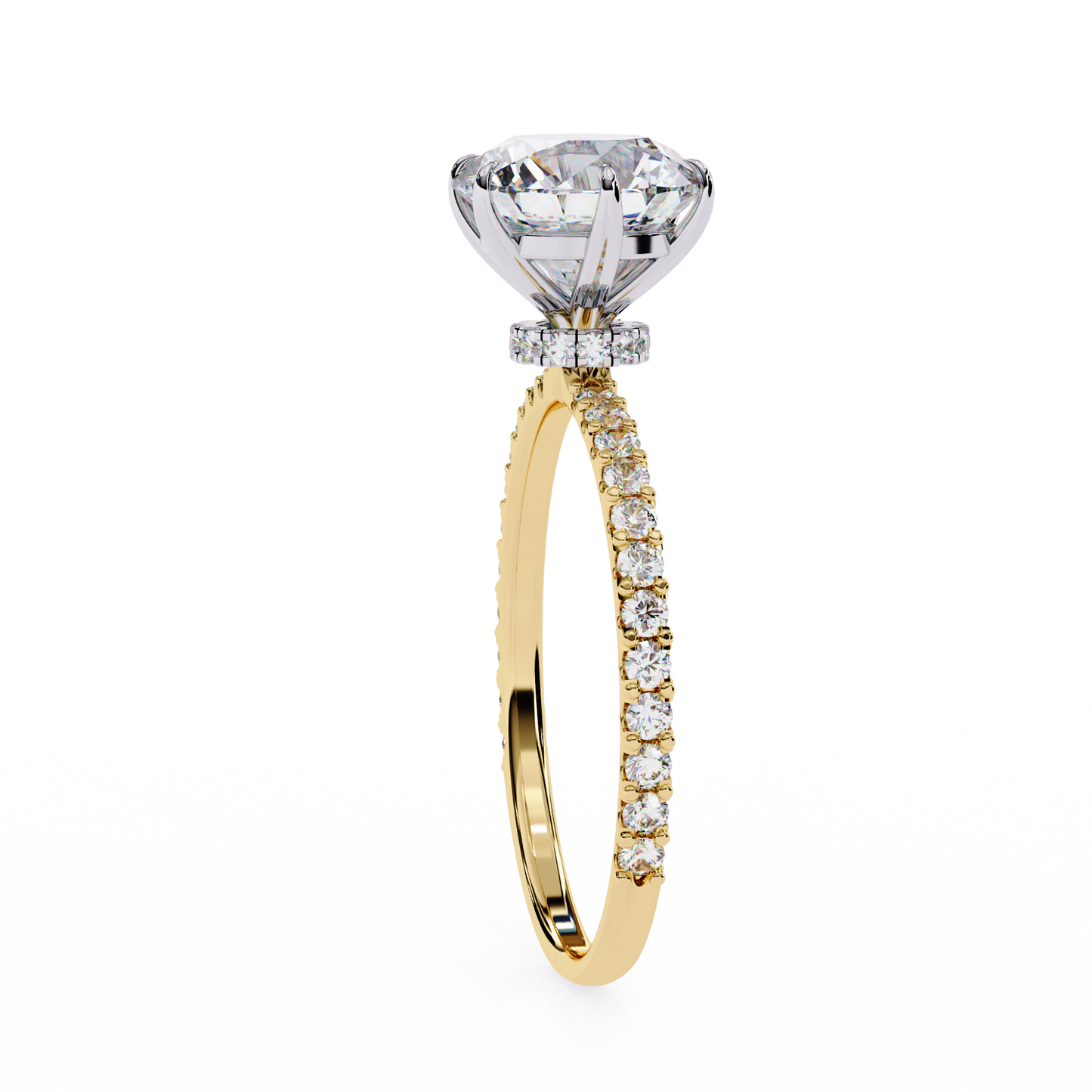 round brilliant moissanite engagement ring with pavé diamond band – classic four-prong solitaire in white, yellow, or rose gold | finora jewelry