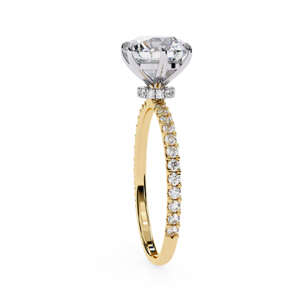 Round Brilliant Moissanite Engagement Ring with Pavé Diamond Band – Classic Four-Prong Solitaire in White, Yellow, or Rose Gold | Finora Jewelry
