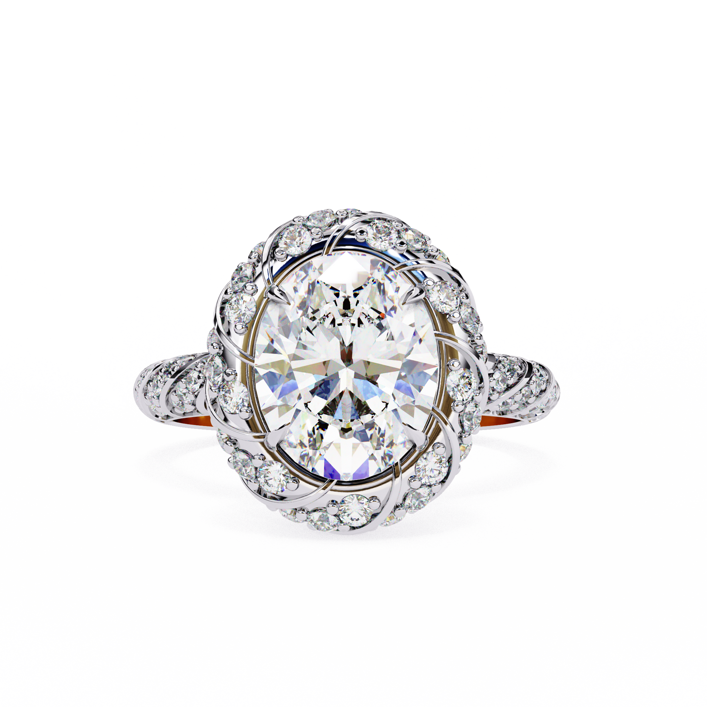 floral halo diamond engagement ring – intricate swirl pavé design in white gold or platinum – nature-inspired elegance – vintage glamour statement ring