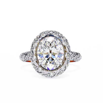 Floral Halo Diamond Engagement Ring – Intricate Swirl Pavé Design in White Gold or Platinum – Nature-Inspired Elegance – Vintage Glamour Statement Ring