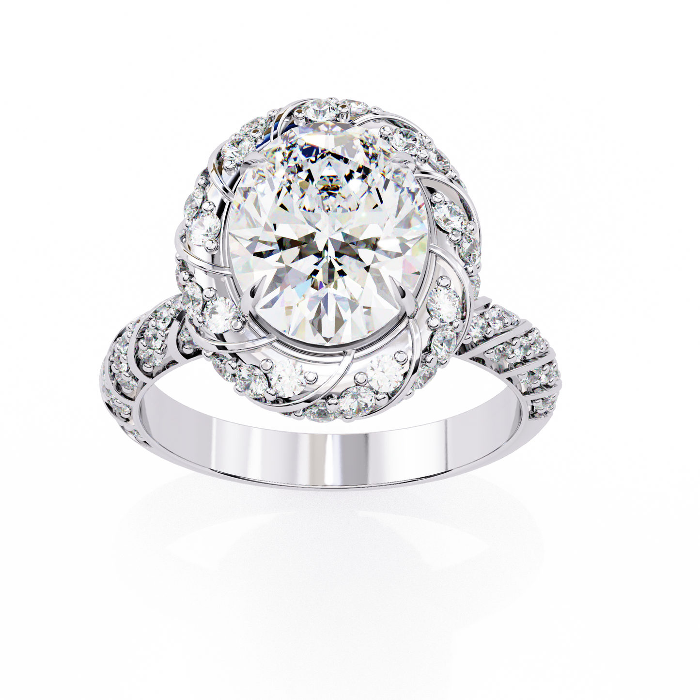 floral halo diamond engagement ring – intricate swirl pavé design in white gold or platinum – nature-inspired elegance – vintage glamour statement ring