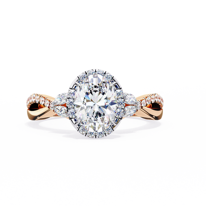 Finora Jewelry Oval Halo Diamond Engagement Ring – Twisted Pavé Band with Pear Accents – Available in 10K, 14K Gold (White, Rose, Yellow), 925 Sterling Silver & Platinum