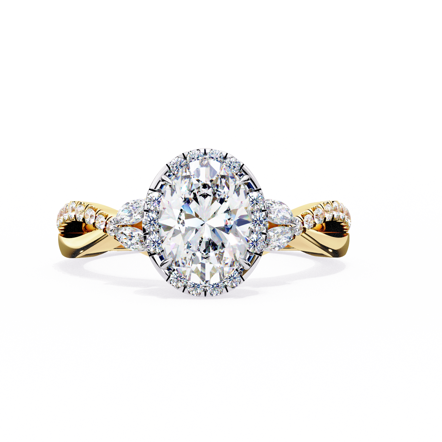 finora jewelry oval halo diamond engagement ring – twisted pavé band with pear accents – available in 10k, 14k gold (white, rose, yellow), 925 sterling silver & platinum