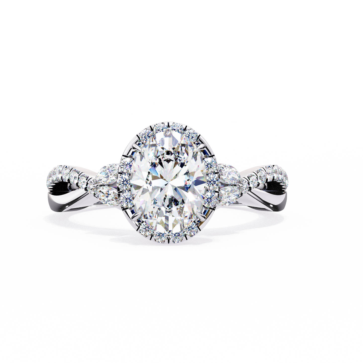 finora jewelry oval halo diamond engagement ring – twisted pavé band with pear accents – available in 10k, 14k gold (white, rose, yellow), 925 sterling silver & platinum