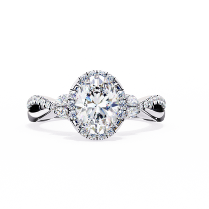 Finora Jewelry Oval Halo Diamond Engagement Ring – Twisted Pavé Band with Pear Accents – Available in 10K, 14K Gold (White, Rose, Yellow), 925 Sterling Silver & Platinum