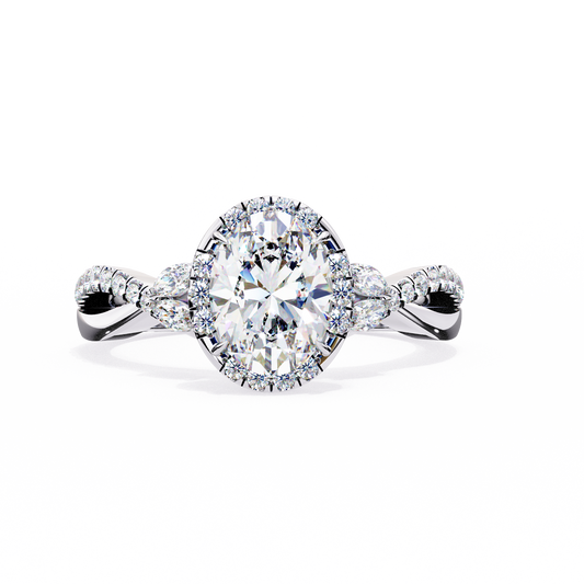 Finora Jewelry Oval Halo Diamond Engagement Ring – Twisted Pavé Band with Pear Accents – Available in 10K, 14K Gold (White, Rose, Yellow), 925 Sterling Silver & Platinum