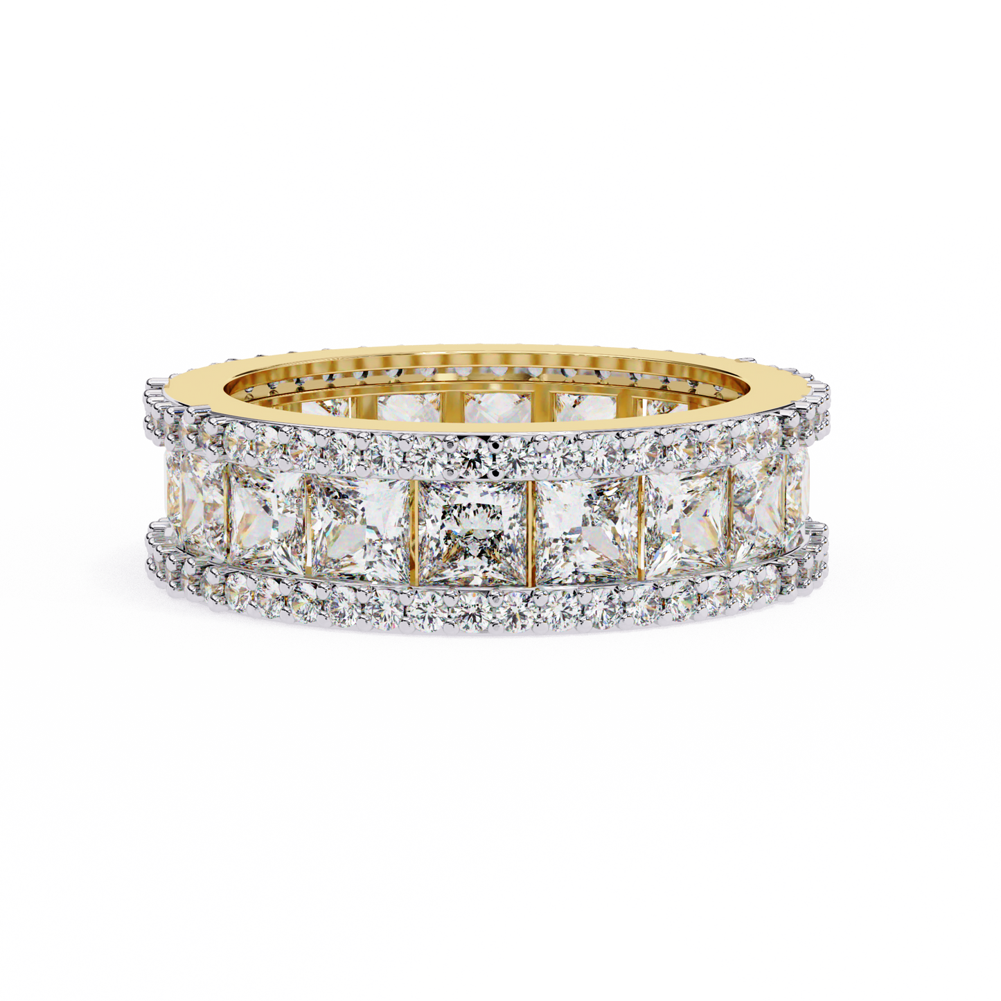 princess-cut diamond triple row wedding band – bold eternity ring for couples in silver, gold & platinum – finora radiant glamour statement
