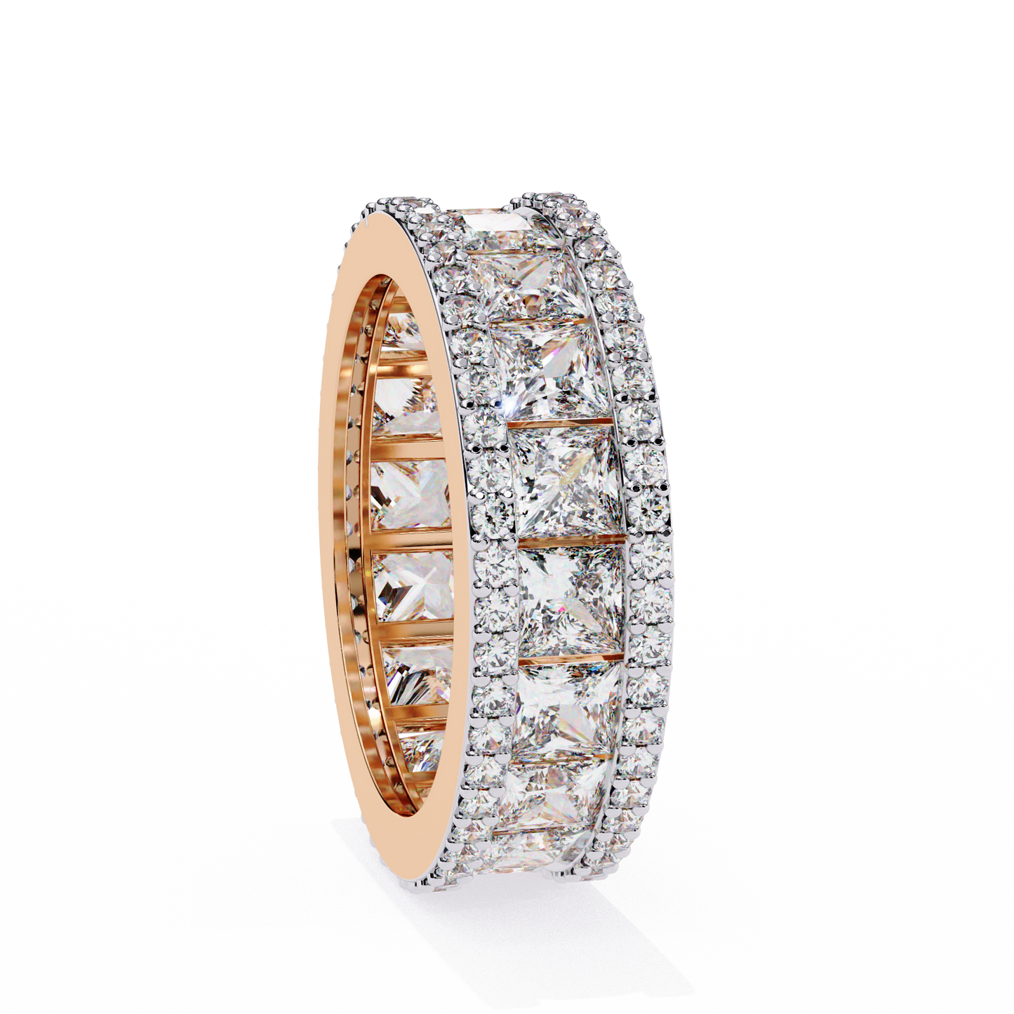 princess-cut diamond triple row wedding band – bold eternity ring for couples in silver, gold & platinum – finora radiant glamour statement