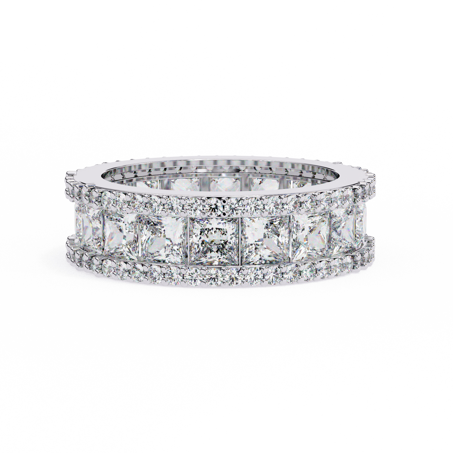 princess-cut diamond triple row wedding band – bold eternity ring for couples in silver, gold & platinum – finora radiant glamour statement