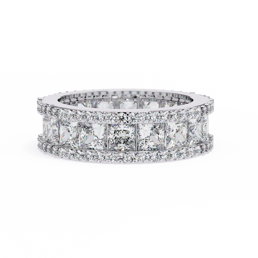 Princess-Cut Diamond Triple Row Wedding Band – Bold Eternity Ring for Couples in Silver, Gold & Platinum – Finora Radiant Glamour Statement