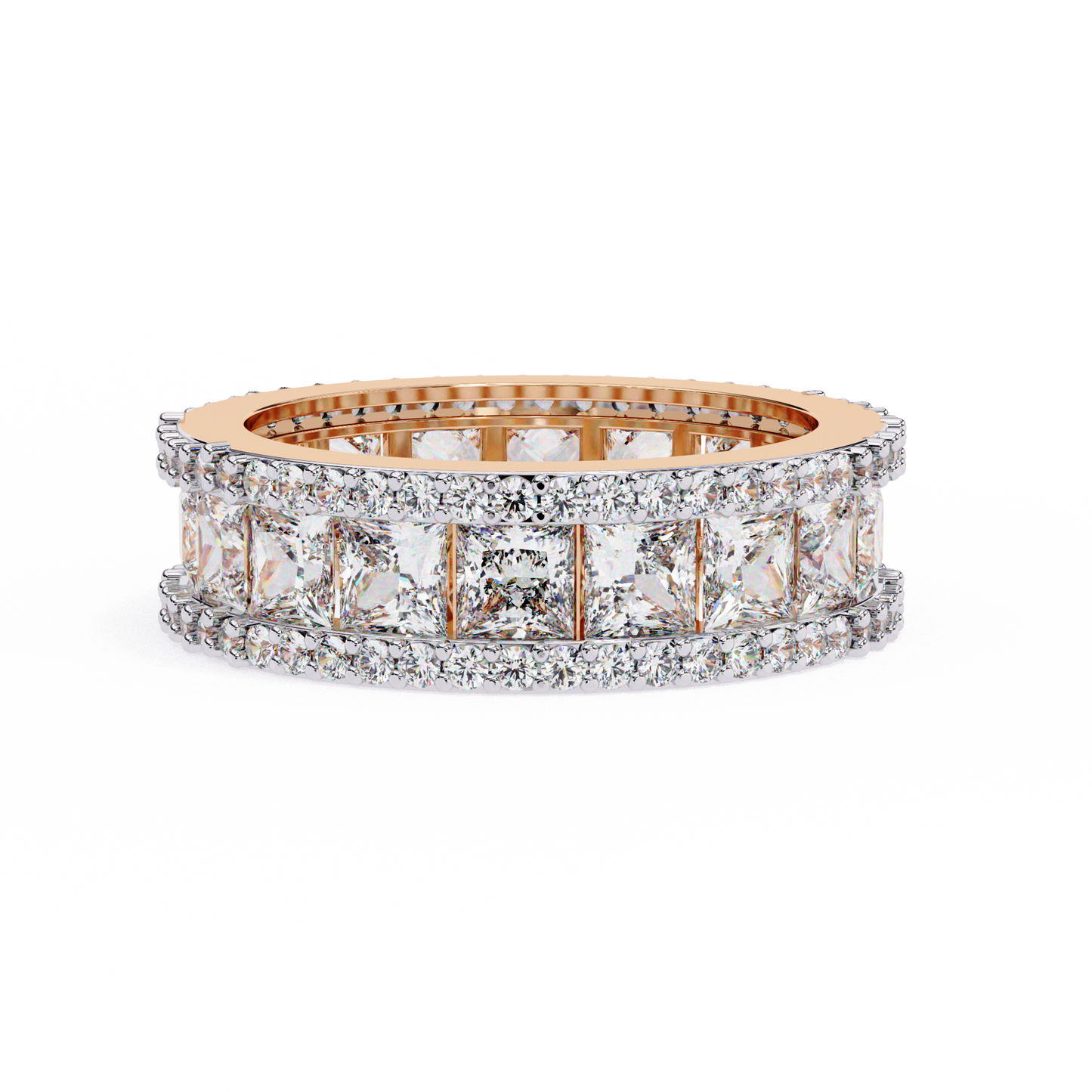 princess-cut diamond triple row wedding band – bold eternity ring for couples in silver, gold & platinum – finora radiant glamour statement