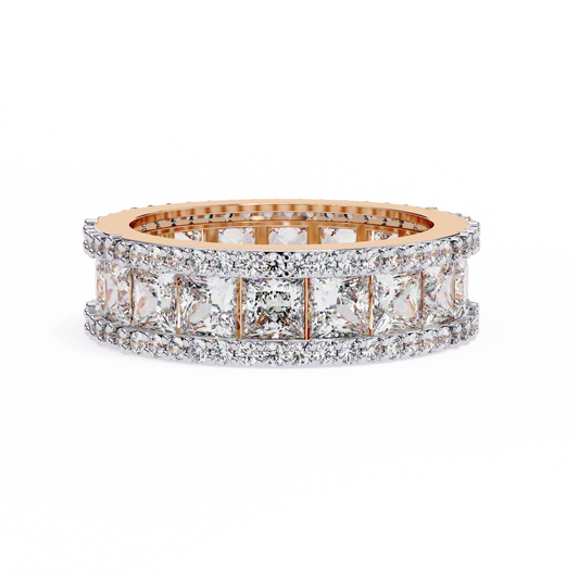 Princess-Cut Diamond Triple Row Wedding Band – Bold Eternity Ring for Couples in Silver, Gold & Platinum – Finora Radiant Glamour Statement