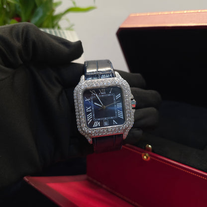 Men’s Iced Out Square Watch | Roman Numeral Dial | Blue Leather Strap