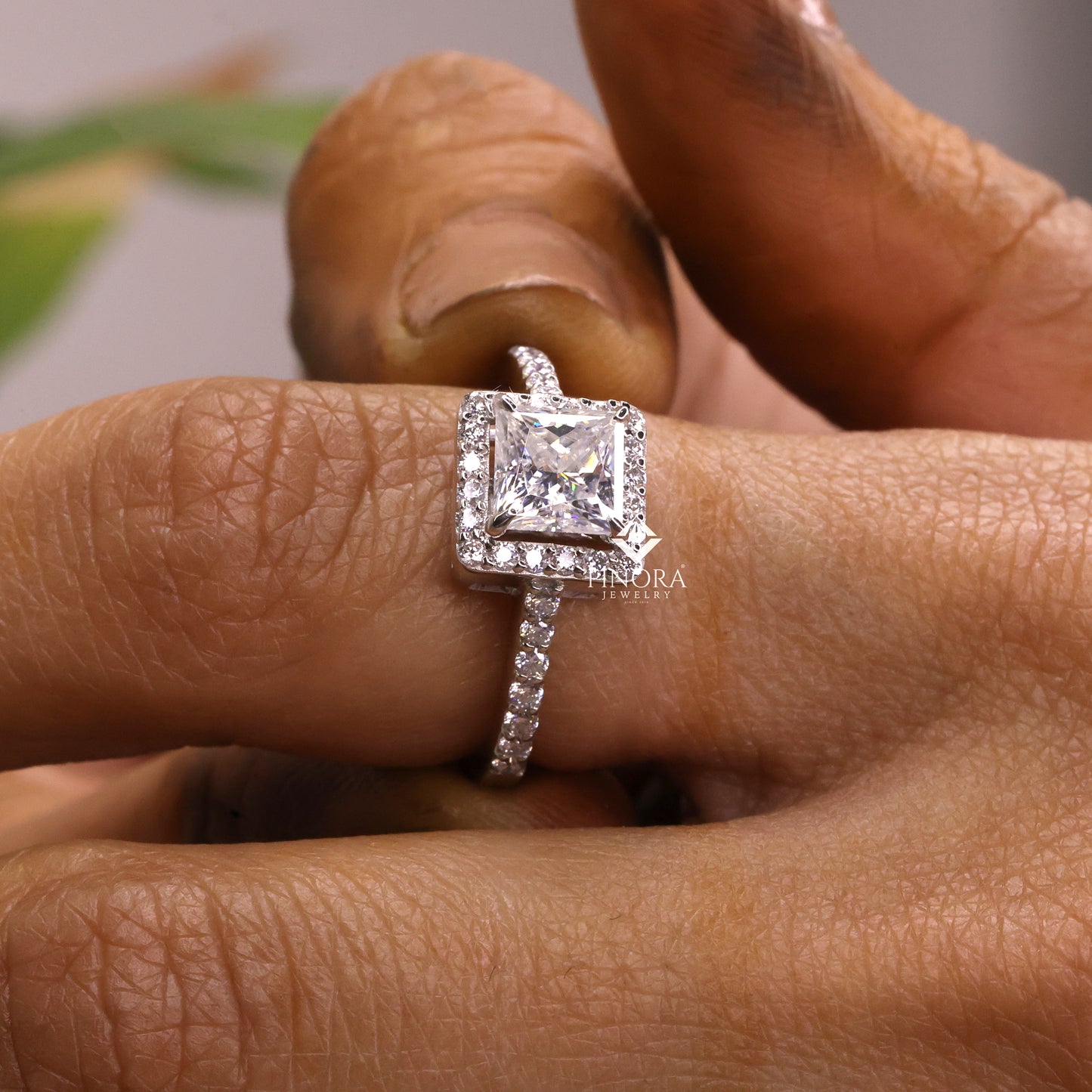 1.50 ct princess cut moissanite halo engagement ring in 925 silver / 10k & 14k gold