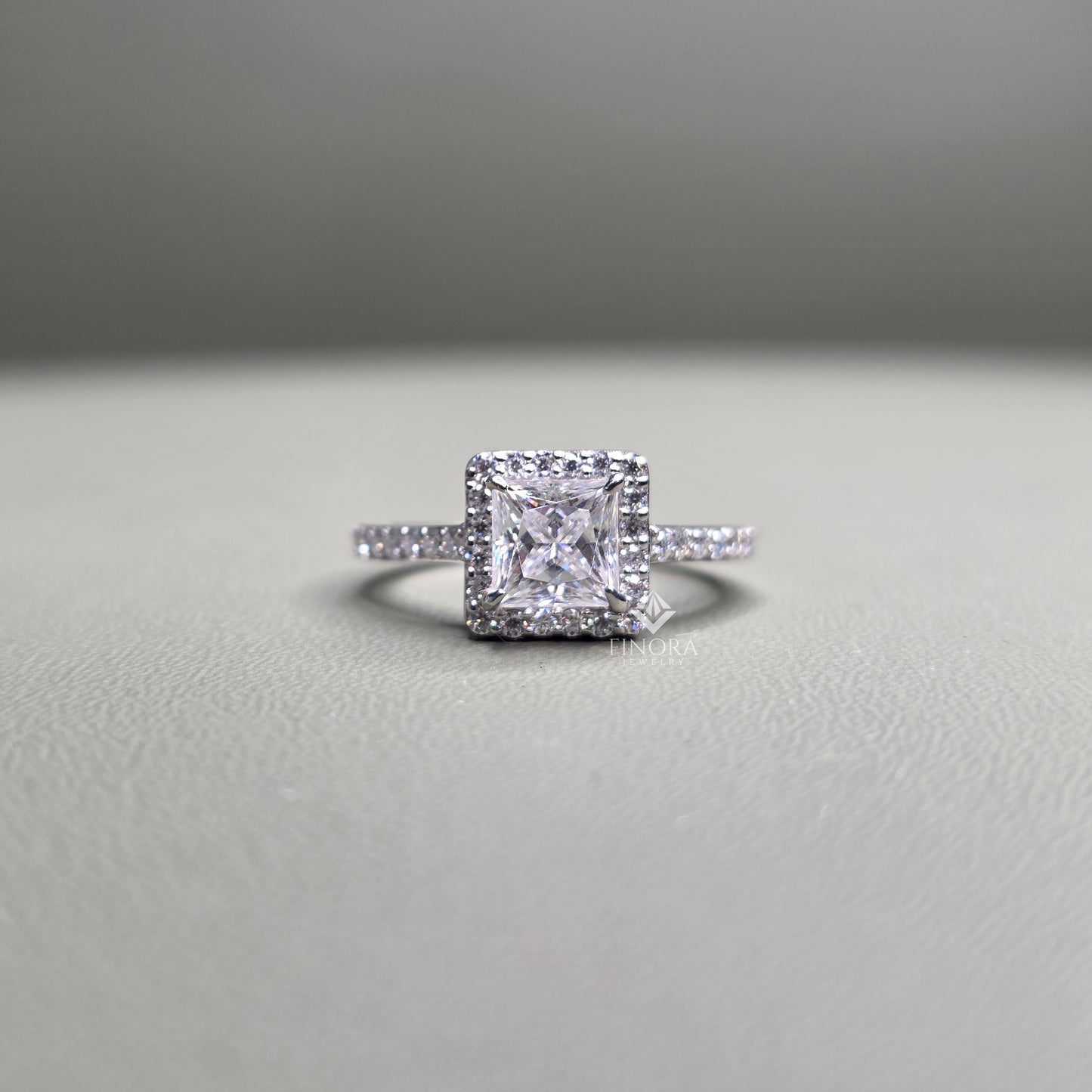 1.50 ct princess cut moissanite halo engagement ring in 925 silver / 10k & 14k gold