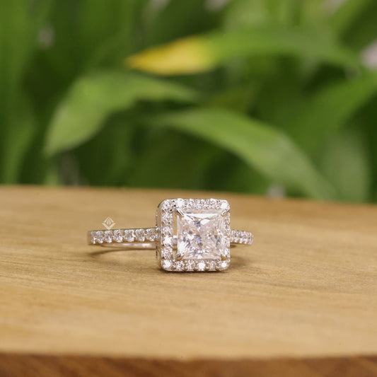 1.50 CT Princess Cut Moissanite Halo Engagement Ring in 925 Silver / 10K & 14K Gold