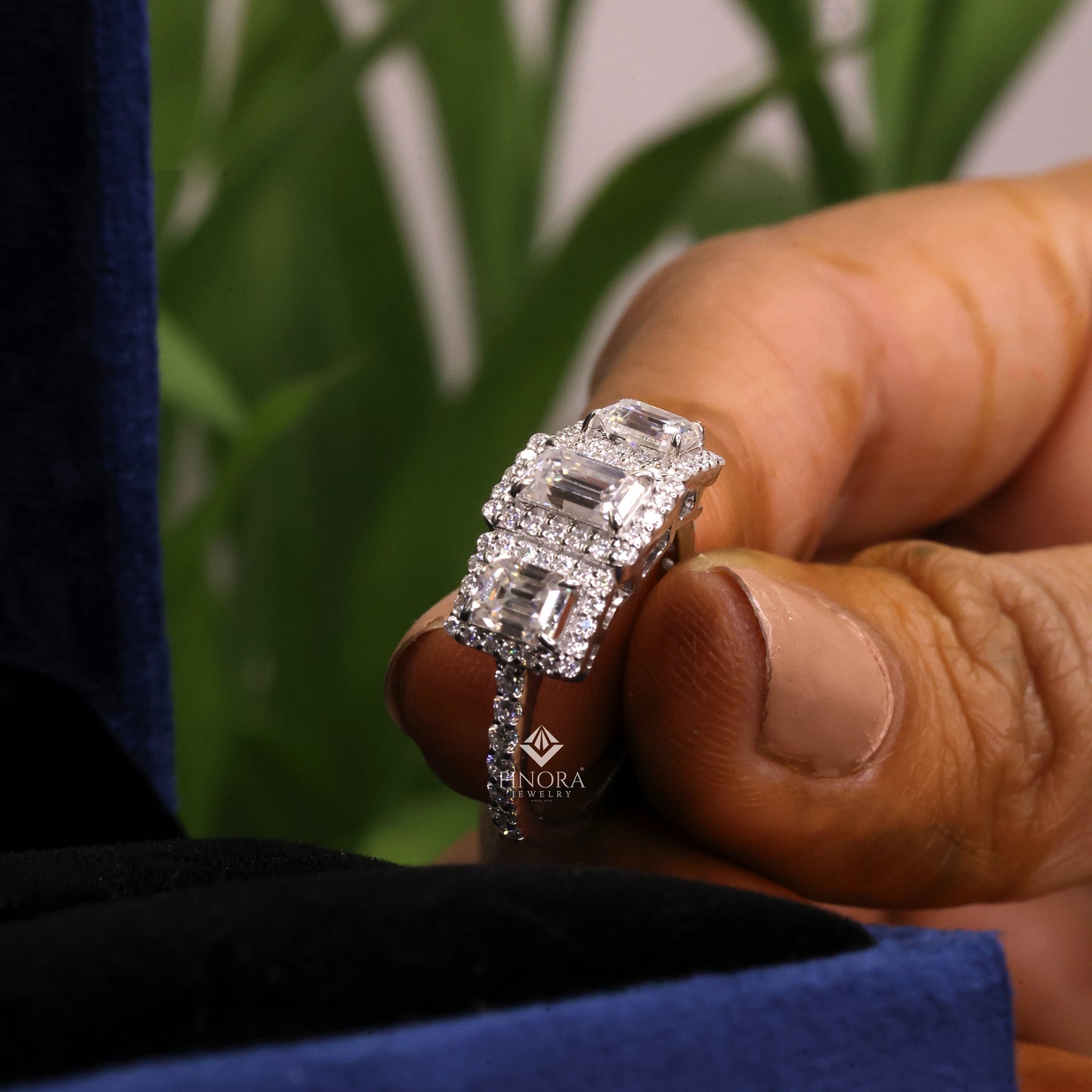 emerald cut moissanite three-stone engagement ring with halo | 2.11 ct | 925 silver, 10k & 14k gold