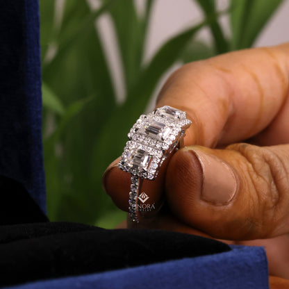 Emerald Cut Moissanite Three-Stone Engagement Ring with Halo | 2.11 CT | 925 Silver, 10K & 14K Gold