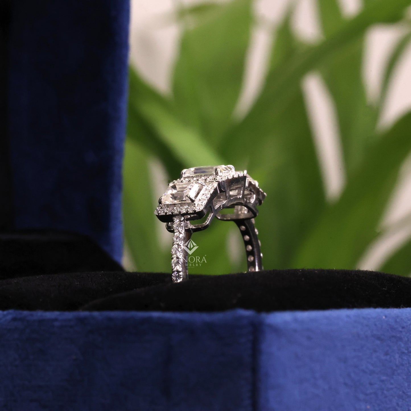 emerald cut moissanite three-stone engagement ring with halo | 2.11 ct | 925 silver, 10k & 14k gold
