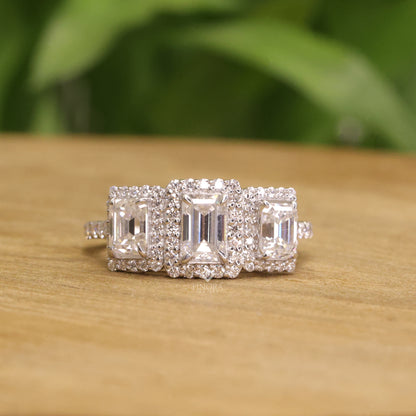 Emerald Cut Moissanite Three-Stone Engagement Ring with Halo | 2.11 CT | 925 Silver, 10K & 14K Gold