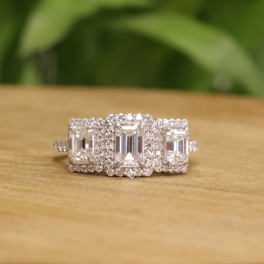 Emerald Cut Moissanite Three-Stone Engagement Ring with Halo | 2.11 CT | 925 Silver, 10K & 14K Gold