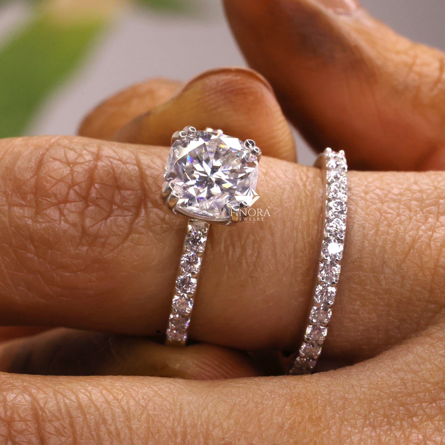 cushion square cut moissanite engagement ring with pavé band | 2.65 ct colorless vvs | 925 silver, 10k & 14k gold