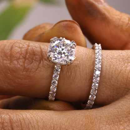 Cushion Square Cut Moissanite Engagement Ring with Pavé Band | 2.65 CT Colorless VVS | 925 Silver, 10K & 14K Gold