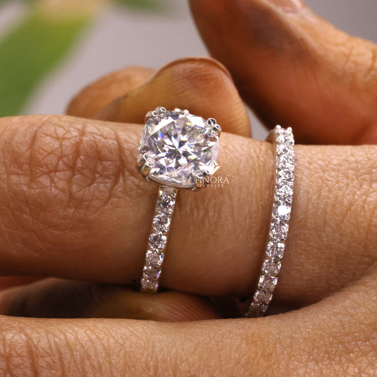 Cushion Square Cut Moissanite Engagement Ring with Pavé Band | 2.65 CT Colorless VVS | 925 Silver, 10K & 14K Gold