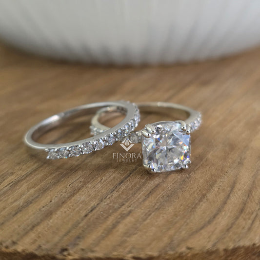 2.65 CT Cushion Cut Moissanite Engagement Ring with Pavé Band in 925 Silver / 10K & 14K Gold