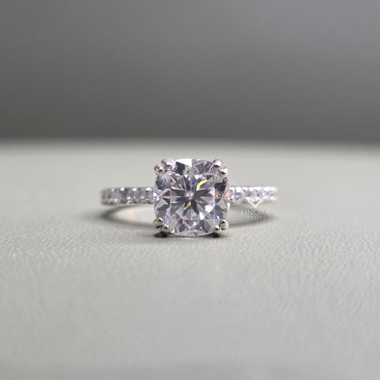 2.65 CT Cushion Cut Moissanite Engagement Ring with Pavé Band in 925 Silver / 10K & 14K Gold